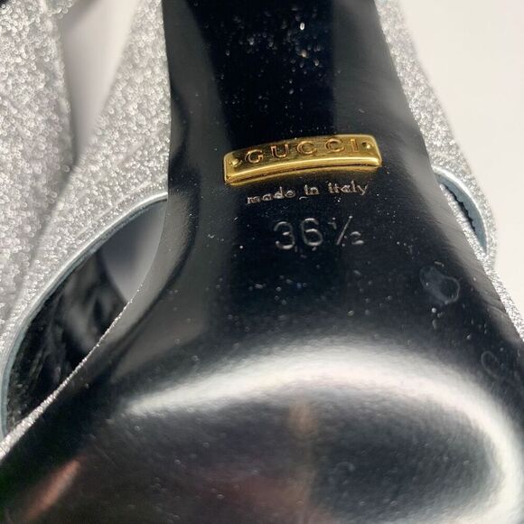 Gucci Webby Mules EU 36.5 US 6.5 Silver Glitter Block Heel Criss Cross Sandals - Picture 8 of 9